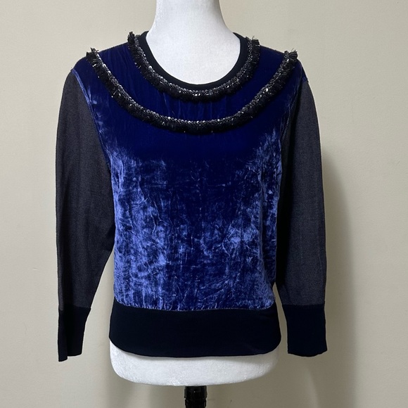 J Crew Black Label Blue Crush Velvet Beads Silver Tinsel Fringe Pullover Top S/M - Picture 15 of 15